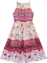 Girls Dress Halter Green Leaves Dandelion Sleeveless Size 7-14 Years