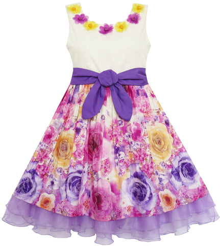 Girls Dress Blooming Flower Bow Tie Layered Organza Size 7-14 Years
