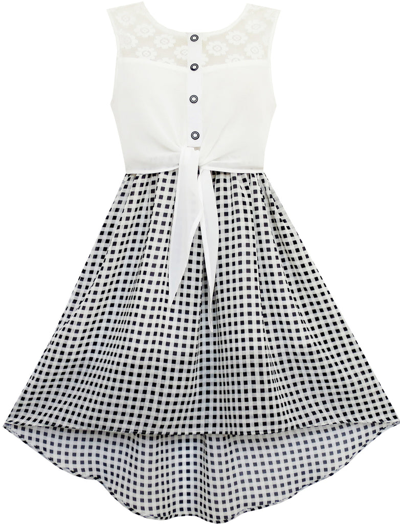 Girls Dress Lace To Chiffon Checkered Black White Tied Waist Size 7-14 Years