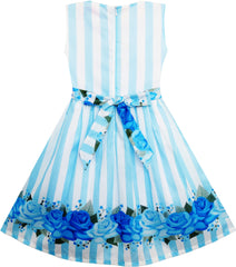 Girls Dress Striped Rose Print Tulle Blue Size 7-14 Years