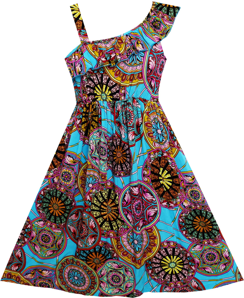 Girls Dress Sleeveless Floral Print Asymmetric Shoulder Blue Size 7-14 Years