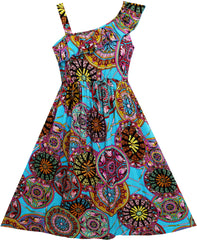 Girls Dress Sleeveless Floral Print Asymmetric Shoulder Blue Size 7-14 Years