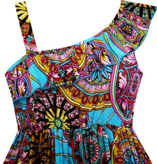Girls Dress Sleeveless Floral Print Asymmetric Shoulder Blue Size 7-14 Years