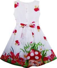 Girls Dress Mushroom Flower Grass Print Polka Dot Belt Red Size 4-12 Years