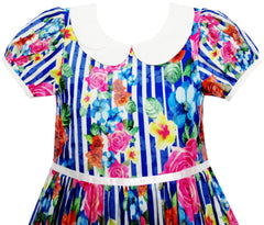 Girls Dress Turn-Down Collar Striped Blooming Rose Flower Size 4-12 Years