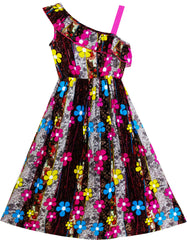 Girls Dress Sleeveless Floral Print Asymmetric Shoulder Design Size 7-14 Years