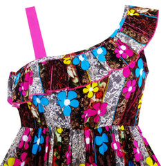 Girls Dress Sleeveless Floral Print Asymmetric Shoulder Design Size 7-14 Years