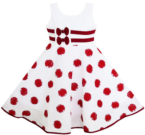 Girls Dress Wine Polka Dot Circle Print Double Bow Tie Size 4-14 Years