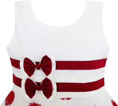 Girls Dress Wine Red Polka Dot Circle Print Double Bow Tie Size 4-12 Years
