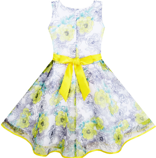 Girls Dress 3 Layers Hand Drawing Peony Flower Pageant Size 4-12 Years