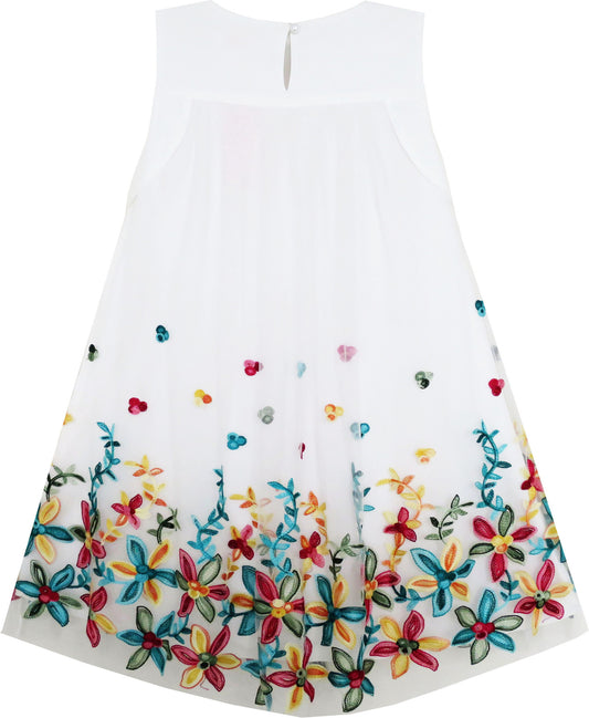 Girls Dress Tank Sleeveless Lace Flower Embroidered Tulle Overlay Size 4-10 Years