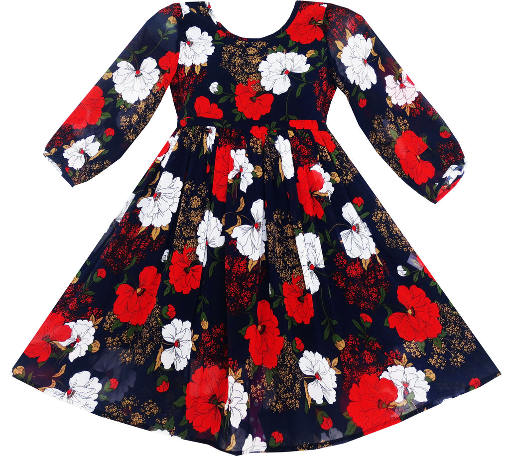 Girls Dress O-Neck Sleeve Elegant Drawing Begonia Flower Size 7-14 Years