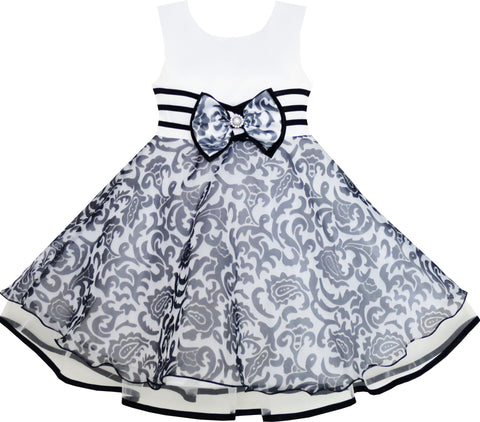Girls Dress Sleeveless Tulle Paisley Pattern Pearl Bow Tie Stripe Size 4-10 Years