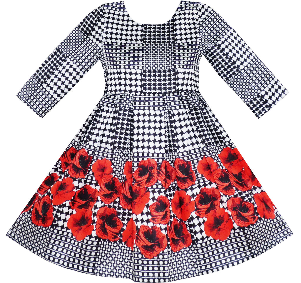 Girls Dress 3/4 Sleeve Elegant Black Checkered Red Flower Size 7-14 Years
