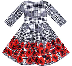 Girls Dress 3/4 Sleeve Elegant Black Checkered Red Flower Size 7-14 Years