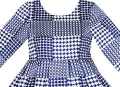 Girls Dress 3/4 Sleeve Elegant Blue Checkered Yellow Flower Size 7-14 Years