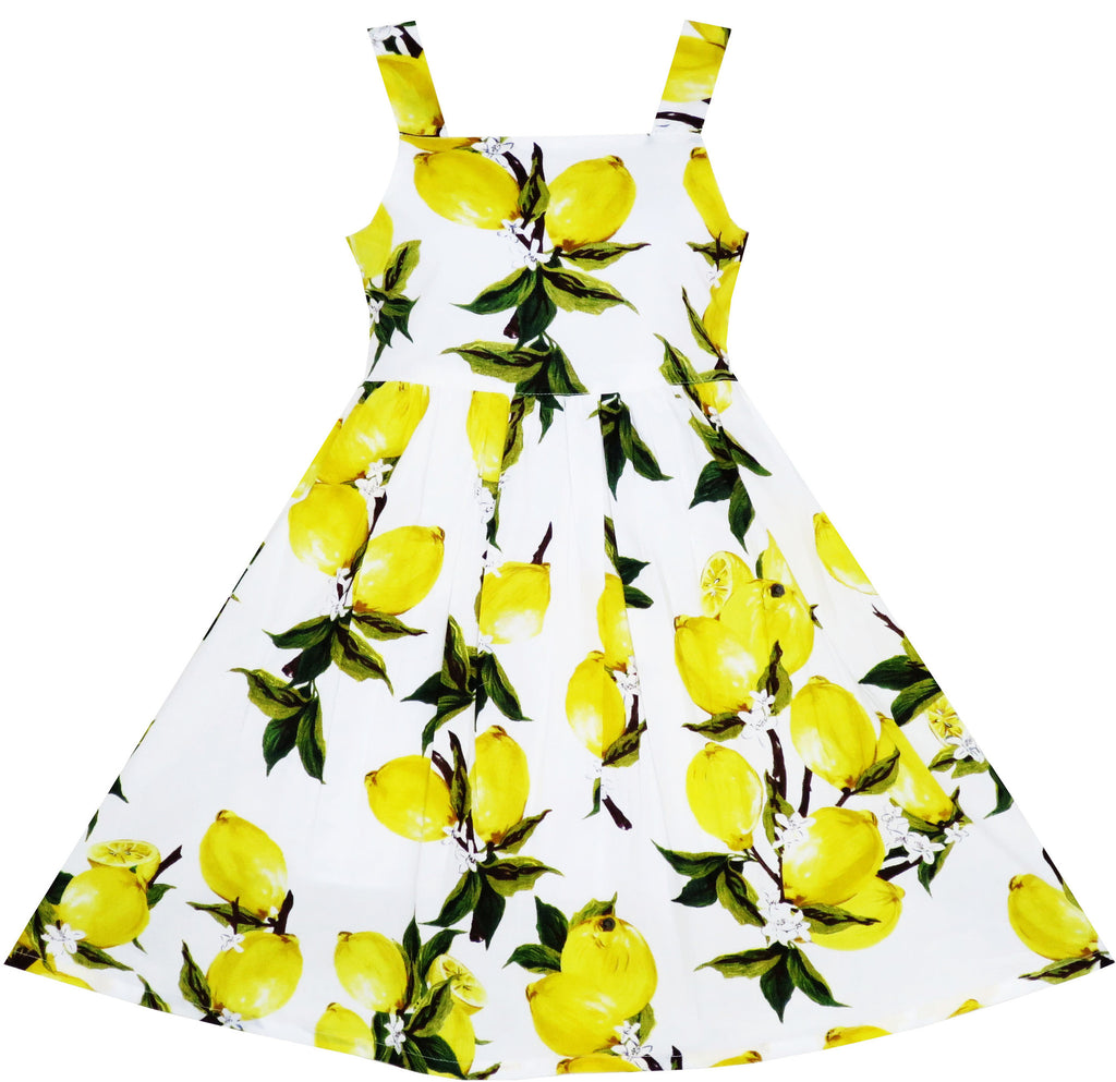 Girls Dress Sleeveless Fruit Yellow Lemon Green Leave Size 4-10 Years