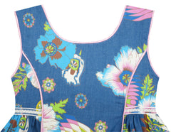 Girls Dress Sleeveless Denim Floral Print Flower Detailing Size 4-10 Years
