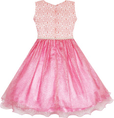 Flower Girl Dress Sparkling Pearl Belt Shrimp Pink Wedding Bridesmaid Size 3-14 Years