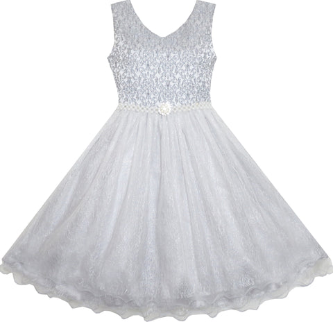 Flower Girl Dress Sparkling Pearl Belt Gray Wedding Bridesmaid Pageant Size 3-14 Years