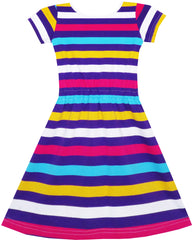 Girls Dress Colorful Striped Knitted Cotton Stretch School Size 3-12 Years