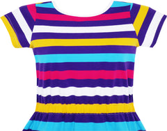 Girls Dress Colorful Striped Knitted Cotton Stretch School Size 3-12 Years