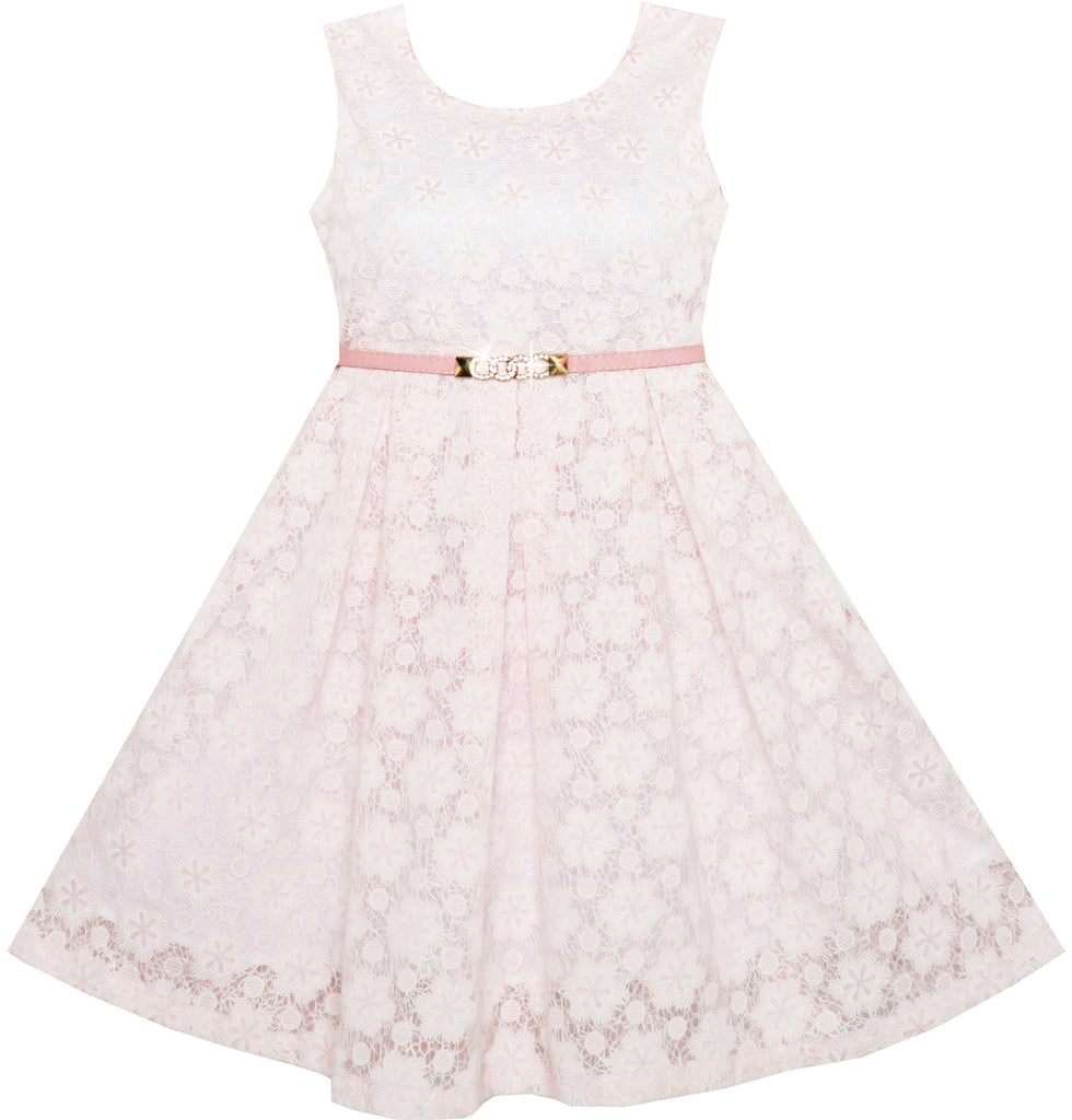 Girls Dress Floral Lace Jeweled Pearl Belt Wedding Pageant Pink Size 4-14 Years