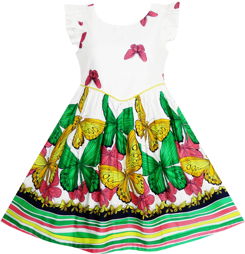 Girls Butterfly Striped Dress Back To School Party Size 7-14 Years