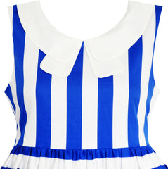 Girls Dress Navy Blue Striped Collar School Size 7-14 Years