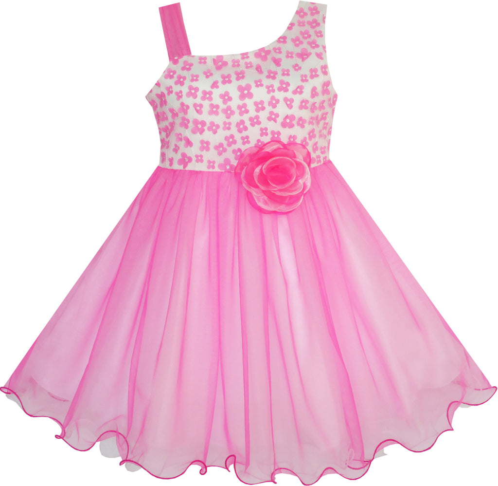 Girls Dress One-shoulder Flower Dress Pink Pageant Wedding Size 4-10 Years