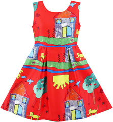 Girls Dress House Tree Cat Bird Print Party Size 4-10 Years