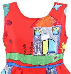 Girls Dress House Tree Cat Bird Print Party Size 4-10 Years