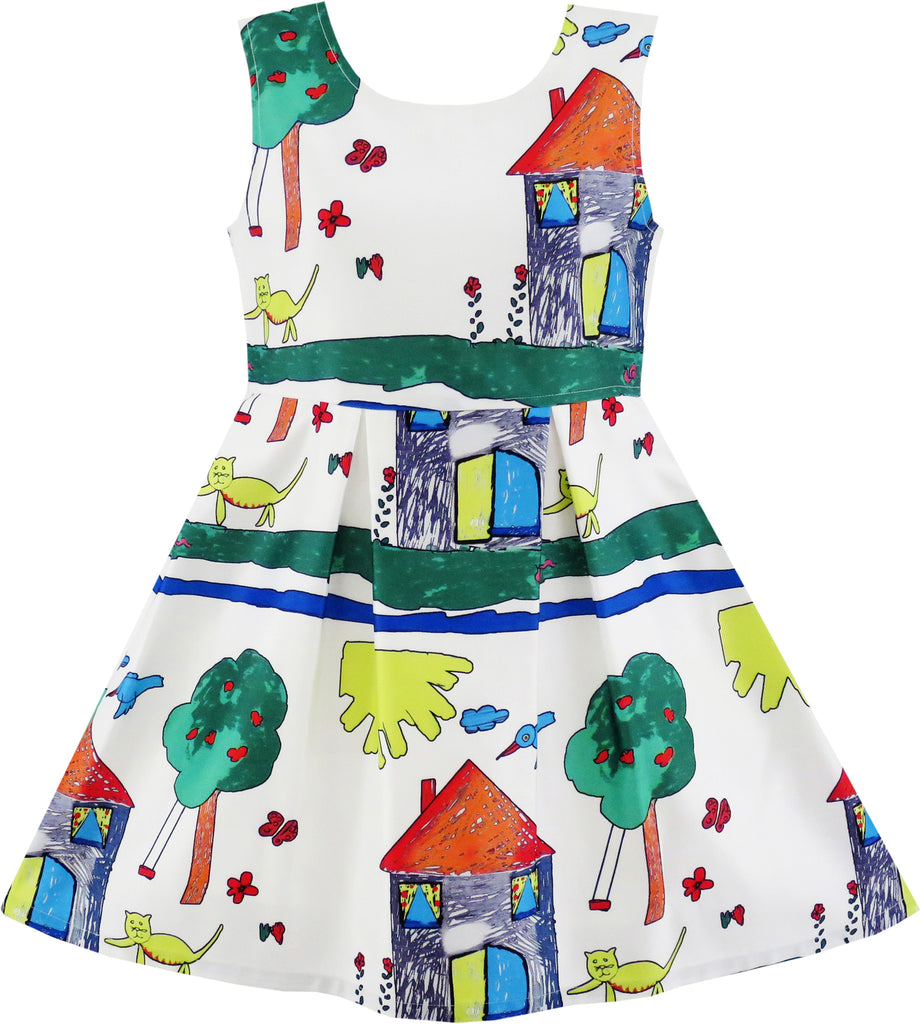 Girls Dress House Tree Cat Bird Print Party Size 4-10 Years