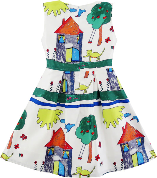 Girls Dress House Tree Cat Bird Print Party Size 4-10 Years