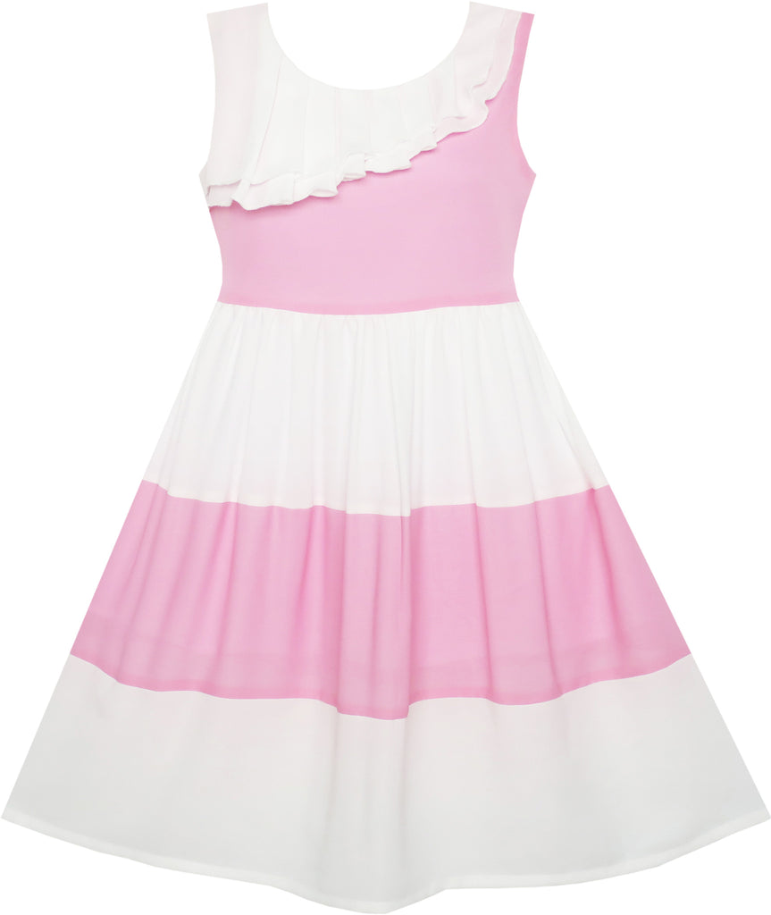 Girls Dress Pleated Collar Color Block Chiffon Size 7-16 Years