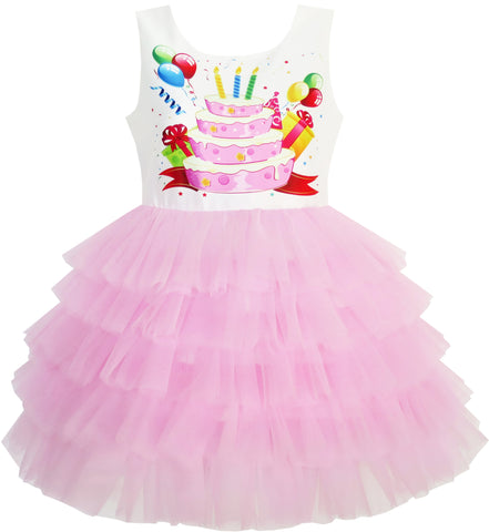Girls Dress Birthday Princess Ruffle Dress Cake Balloon Print Size 1-10 Years