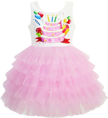 Girls Dress Birthday Princess Ruffle Dress Cake Balloon Print Size 1-10 Years