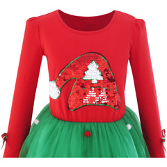 Girls Dress Christmas Santa Hat Long Sleeve Party Dress Size 3-12 Years