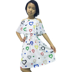 Girls Dress Colorful Heart Print Cold Shoulder Party Dress Size 4-12 Years
