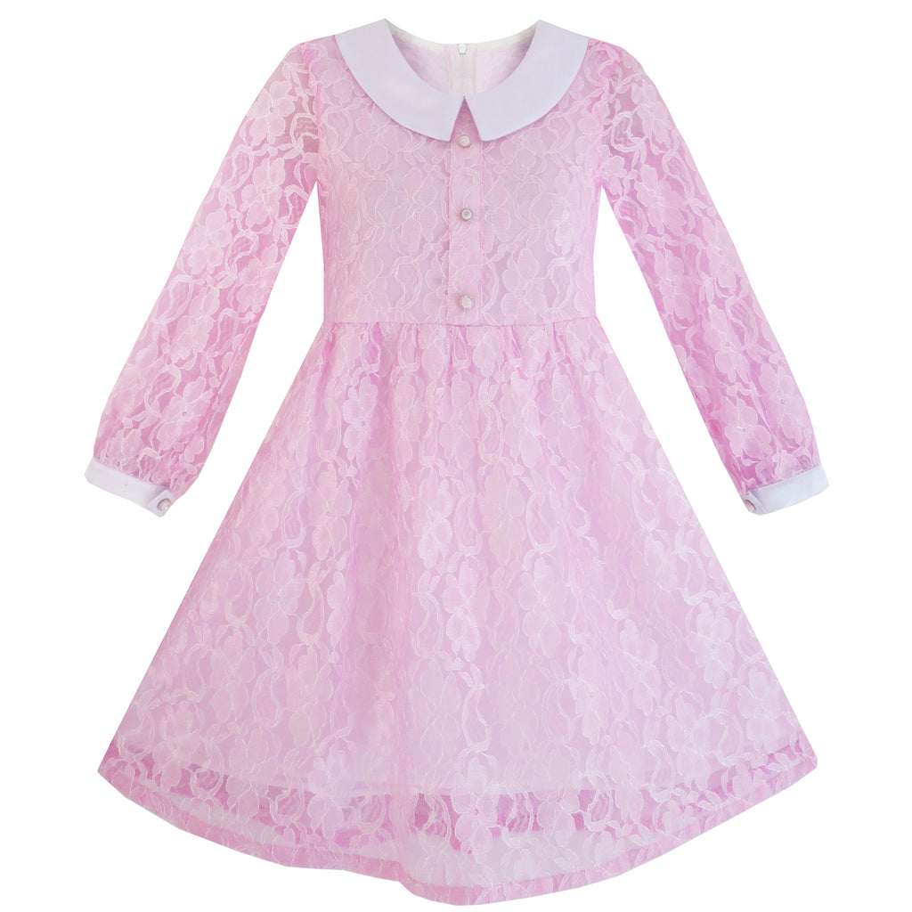 Girls Dress Flower Lace Collar Skirt Dress Size 4-14 Years