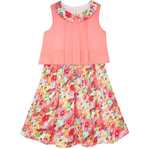 Girls Dress 2-in-1 Collar Flower Party Birthday Sundress Size 7-14 Years