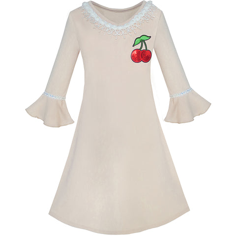 Girls Dress Lotus Leaf Sleeve Cherry Embroidery Everyday Size 3-12 Years