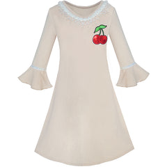 Girls Dress Lotus Leaf Sleeve Cherry Embroidery Everyday Size 3-12 Years