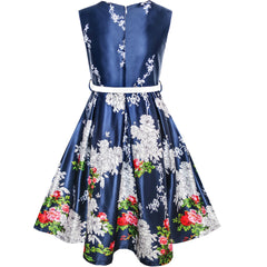 Girls Dress Navy Flower Belt Vintage Party Size 4-14 Years