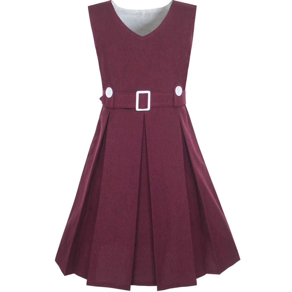 Girls Dress Maroon Button Back School Pleated Hem Size 6-14 Years