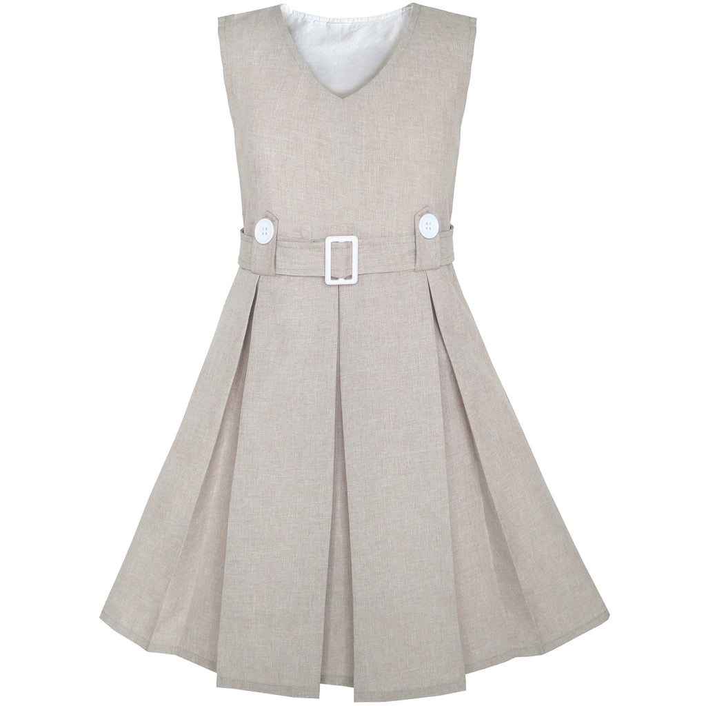 Girls Dress Beige Button Back School Pleated Hem Size 6-14 Years