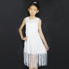 Girls Dress White Lace Tassel Hem Princess Party Size 4-8 Years
