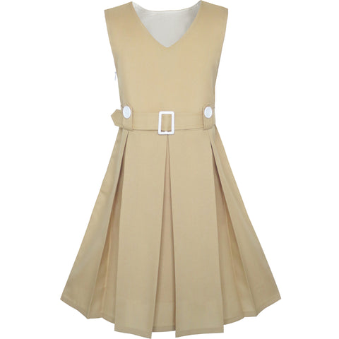 Girls Dress Khaki Button Back School Pleated Hem Size 6-14 Years