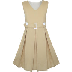 Girls Dress Khaki Button Back School Pleated Hem Size 6-14 Years