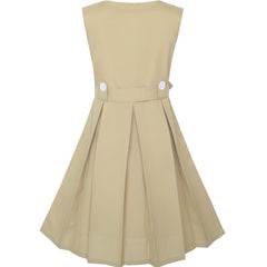 Girls Dress Khaki Button Back School Pleated Hem Size 6-14 Years